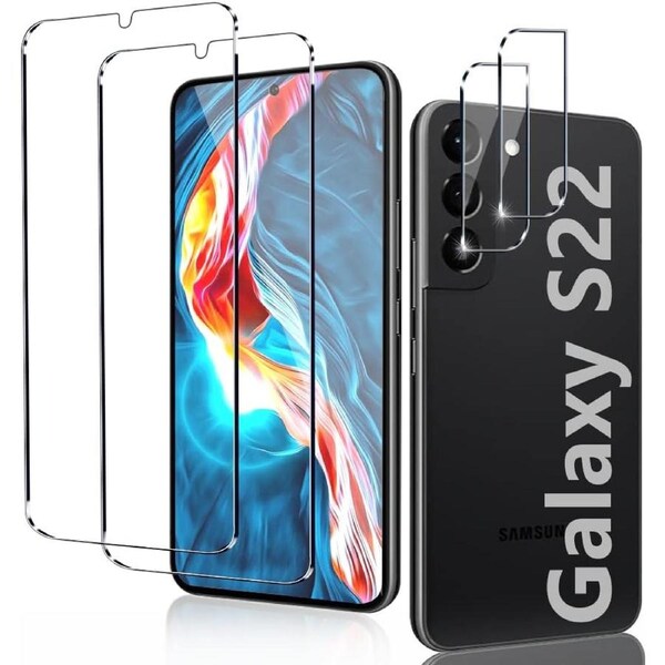 [2+2 Pack] 2 Pack S22 5G Glass Screen Protector + 2 Pack Camera Lens Protector-For S22 5G