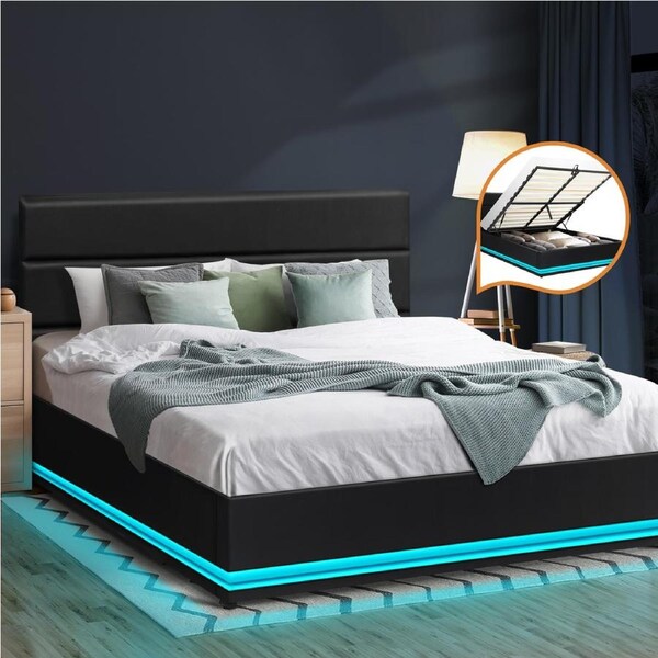 Oikiture RGB LED Bed Frame Gas Lift Base With Storage Queen Size Black Leather Upholstered Headboard