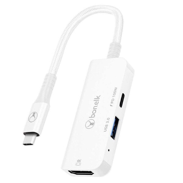 Bonelk Long-Life 3in1 USB-C M to F HDMI/USB MultiPort Hub For PC/Laptop White