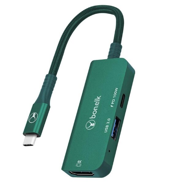 Bonelk Long-Life 3in1 USB-C M to F HDMI/USB MultiPort Hub For PC/Laptop Green