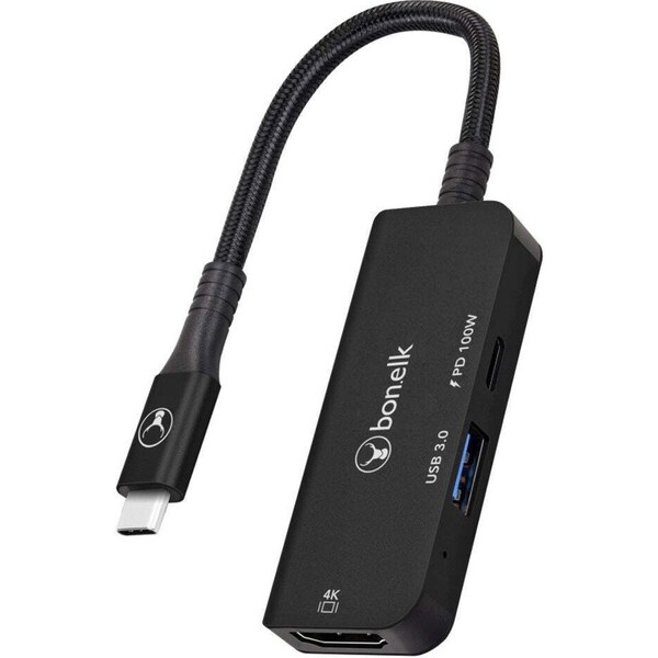 Bonelk Long-Life 3in1 USB-C M to F HDMI/USB MultiPort Hub For PC/Laptop Black