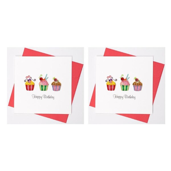 2x Boyle Handmade Paper 15cm Greeting Card/Envelope Happy Birthday Cupcakes Red