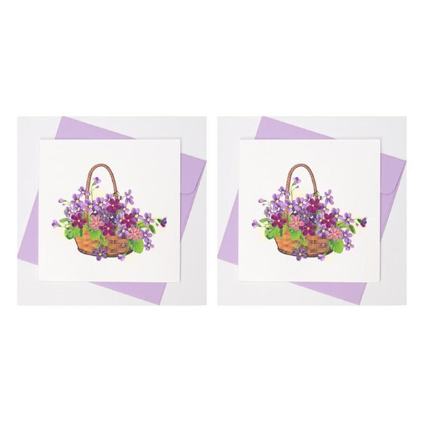 2x Boyle Handmade Paper 15cm Greeting Card w/ Envelope Basket of Purple Flowers