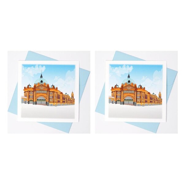 2x Boyle Handmade Paper 15x15cm Greeting Card Flinders Street Station Melbourne