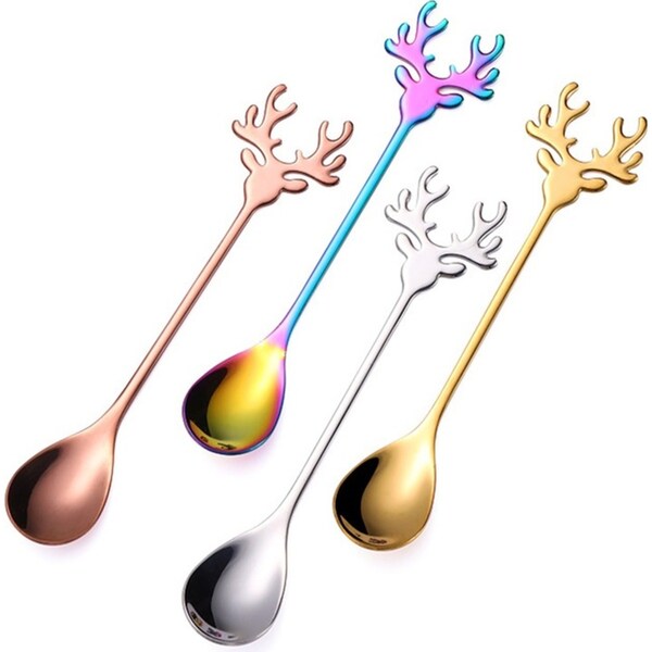 4Pcs 304 Stainless Steel Stirring Spoon Christmas Elk Coffee Dessert Spoon