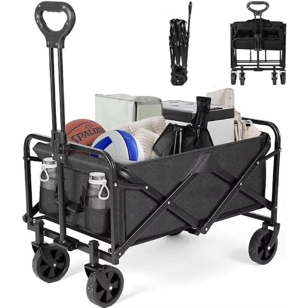 AMX Folding Beach Wagon Cart Trolley Garden Outdoor Picnic Camping Sports Market Collapsible Shop 5 inch Black Color