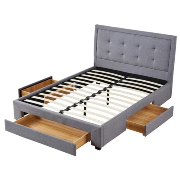 Ellie Double Bed Drawers Fabric Upholstered Bed Frame with Tufted Headboard and Storage Grey