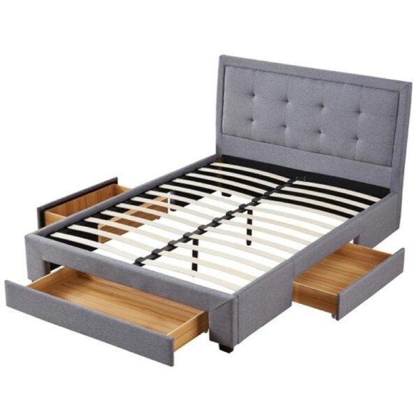 Ellie Queen Bed Frame with Drawers Tufted Upholstered Fabric 3 Storage Drawers Grey