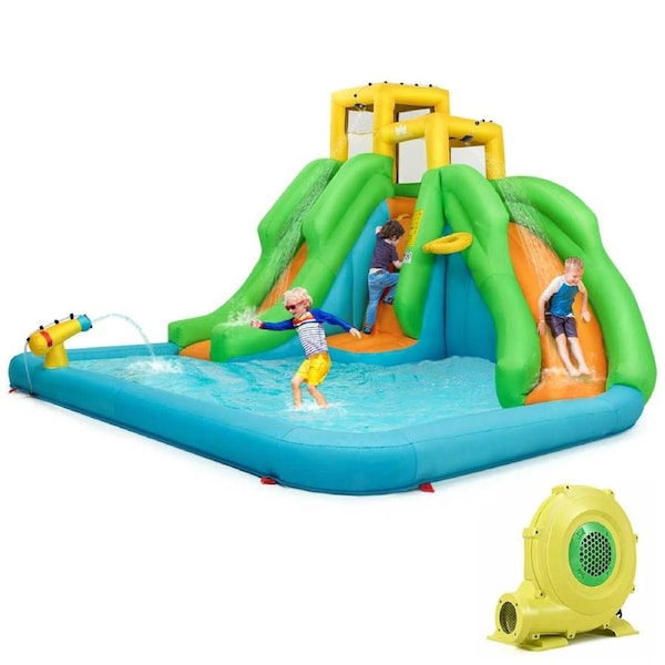 Costway Inflatable Water Park Bounce House w/Climbing Wall Two Slides and Splash Pool & Blower