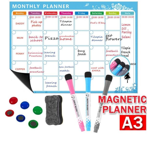 OZNALA A3 Monthly Planner Fridge Calendar Magnetic Whiteboard 3 Pens & Holder Eraser