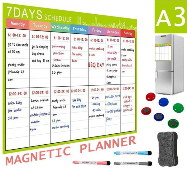 OZNALA A3 Weekly Planner Fridge Calendar Magnetic Whiteboard With 3x markers 1x Eraser