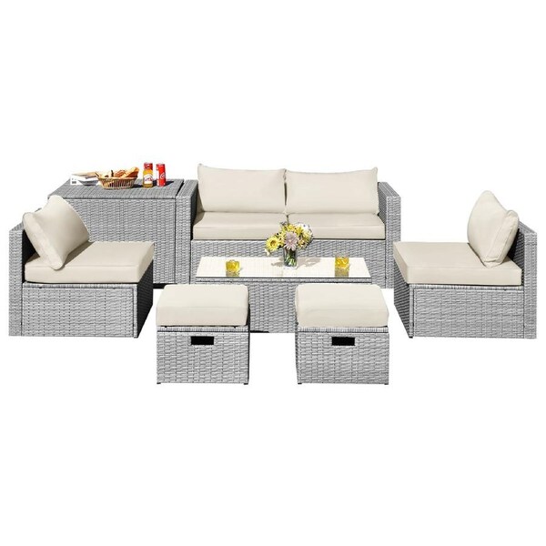 Costway 8pcs Outdoor Sofa Set All-weather Wicker Lounge Couch Patio Furniture w/Storage Box&Tempered Table White