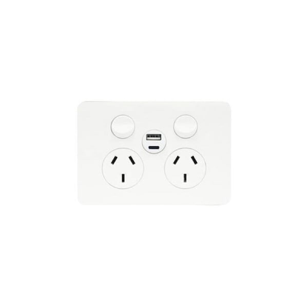 Hager Allure WBHP2SUSBAC - 10Amp Double Internal Powerpoint With USB A+C Charger - Gloss White