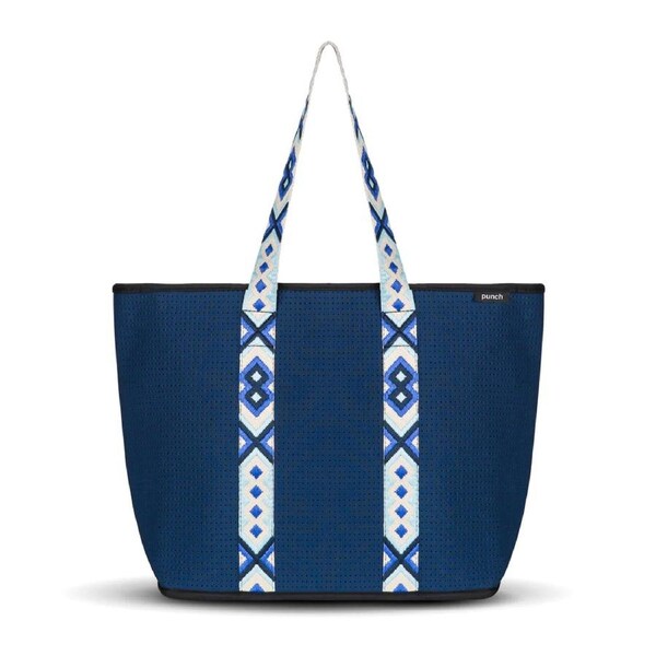 Punch Neoprene Explorer Zip Tote Grocery/Carry Bag Navy Blue/Patterned Handle