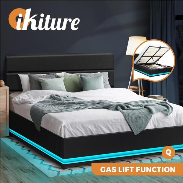 Oikiture RGB LED Bed Frame Queen Size Gas Lift Base With Storage Black Leather