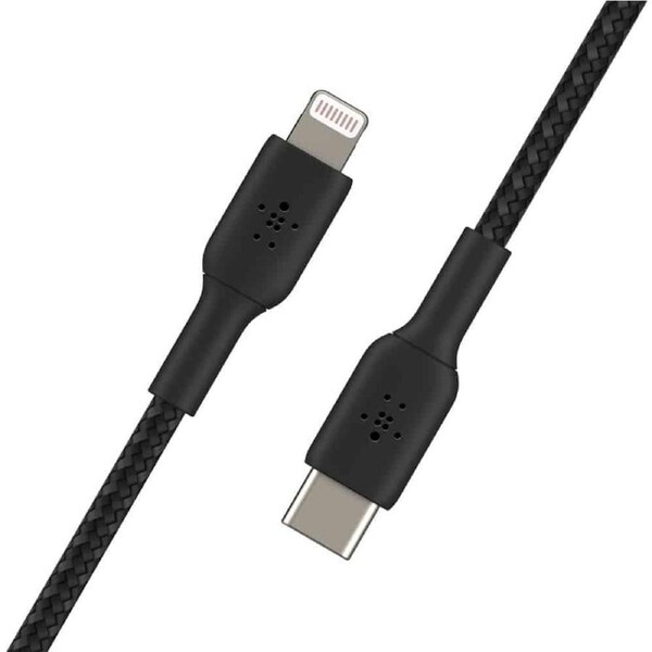 Belkin BoostCharge Braided Lightning to USB-C Cable (1m/3.3ft) - Black (CAA004bt1MBK), 30W Fast Charge, 480Mbps Data Transfer, MFi-Certified