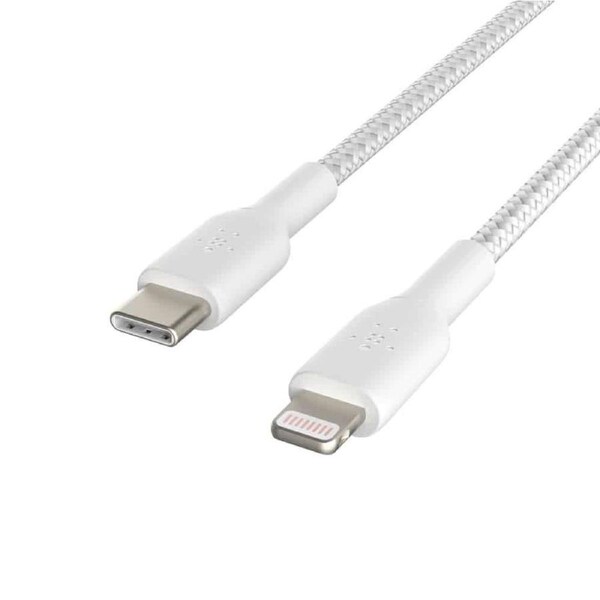 Belkin BOOST CHARGE Braided Lightning to USB-C Cable (2m/6.6ft) - White (CAA004bt2MWH), 30W Fast Charge, 480Mbps Data Transfer, MFi-Certified