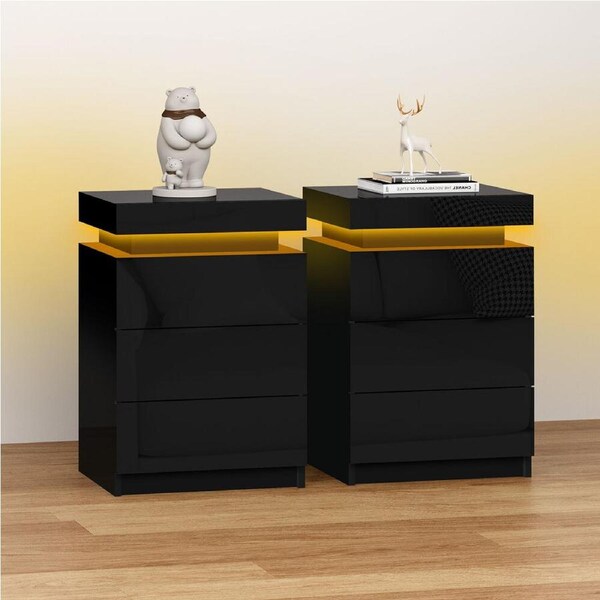 ALFORDSON 2x Bedside Table Perla 3 Drawers LED Gloss Nightstand (Black)