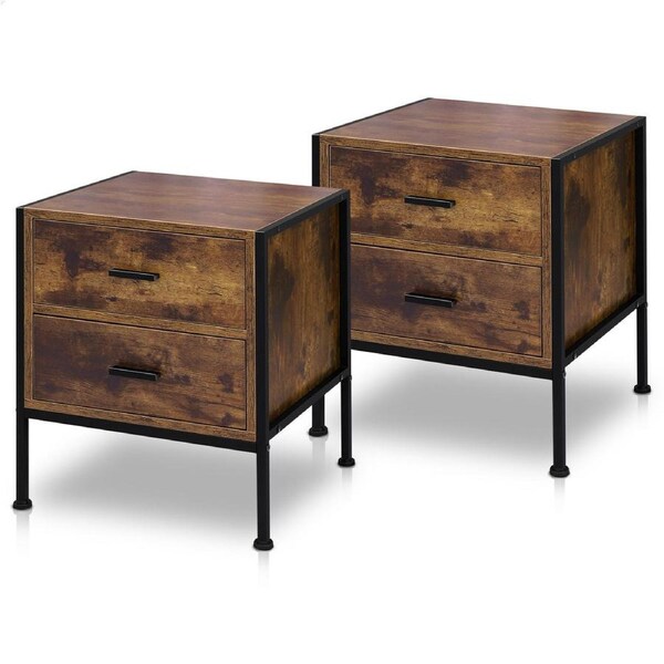 ALFORDSON Set of 2 Bedside Table - Geir Industrial Nightstand (Dark Oak)