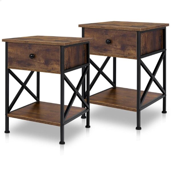 ALFORDSON Set of 2 Bedside Table - Coye Metal Frame Retro Nightstand (Dark Oak)