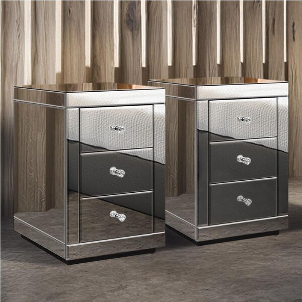 2x ALFORDSON Bedside Table Freya Mirrored Nightstand (Silver)
