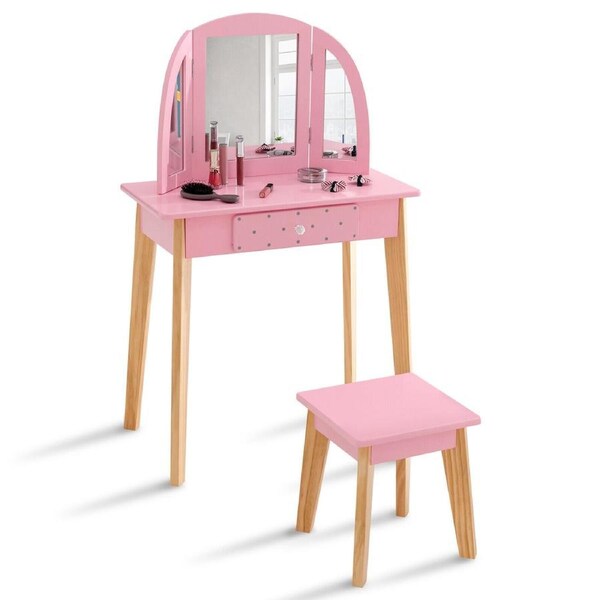 Giantex 2-in-1 Kids Vanity Table & Stool Wooden Study Learning Deask w/Makeup Mirror & Drawer, Pink