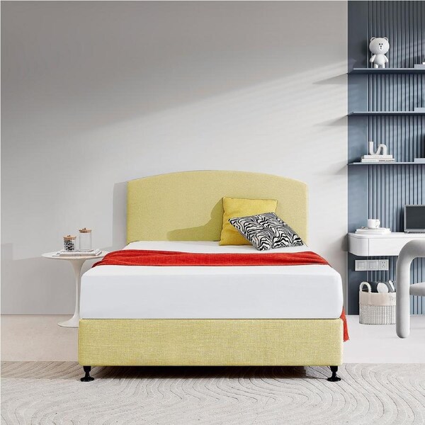 Linen Fabric Double Bed Curved Headboard Bedhead - Sulfur Yellow