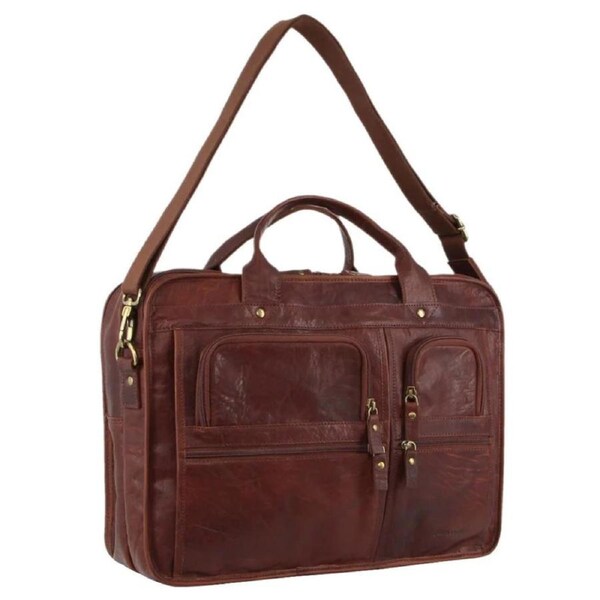 Pierre Cardin Rustic Leather 15" Laptop Computer Messenger Bag - Chestnut