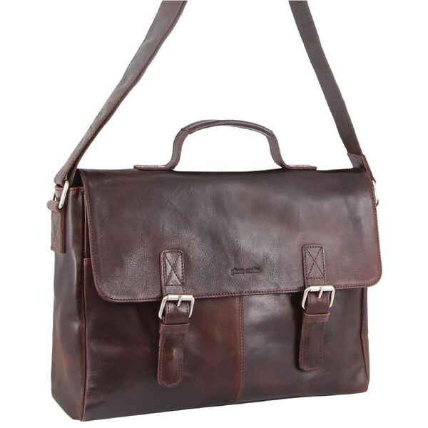 Pierre Cardin Mens Rustic Leather Flap Over 15" Laptop Computer Bag - Dark Chocolate