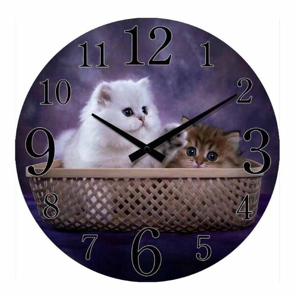 French Country Glass Wall Clock Small 17cm Basket Kittens Clocks