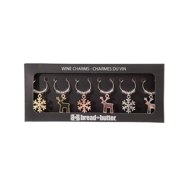 Bread and Butter (3) Snowflake and (3) Reindeer Wine Glass Charms - 6 Pack