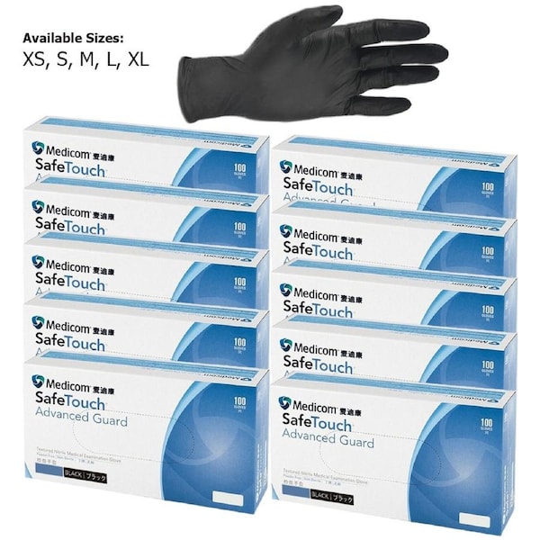 10 Boxes Medicom SafeTouch Advanced Guard Nitrile Gloves Powder-free Black 5g - Large