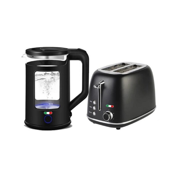 Vintage Electric 1.7L Glass Kettle and 2 Slice Toaster Combo Stainless Steel Black