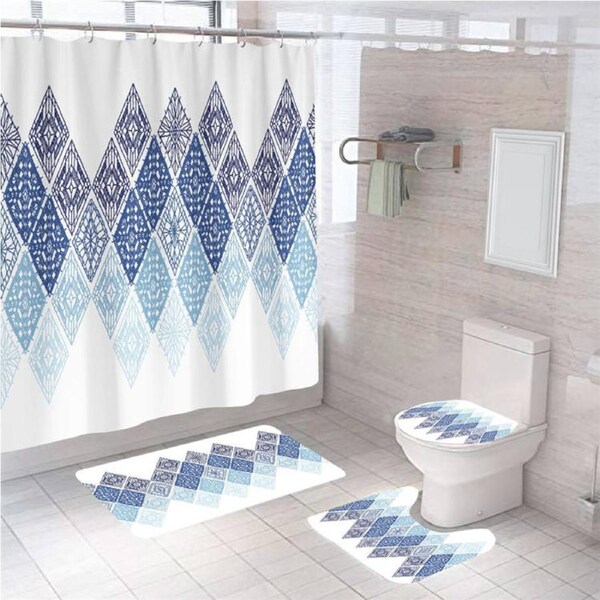 Nevenka 4 Pcs Shower Curtain Set Bath Mat U Shape and Toilet Lid Cover Mat with 12 Hooks 71" x 71"-A1