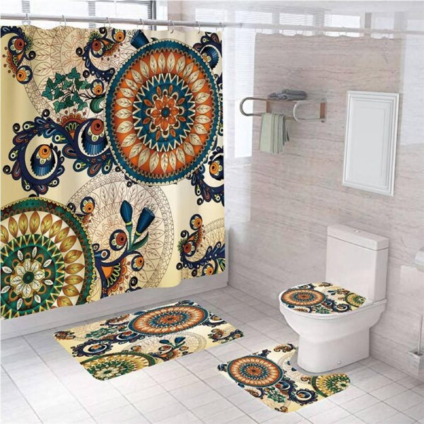 Nevenka 4 Pcs Shower Curtain Set Bath Mat U Shape and Toilet Lid Cover Mat with 12 Hooks 71" x 71"-A2