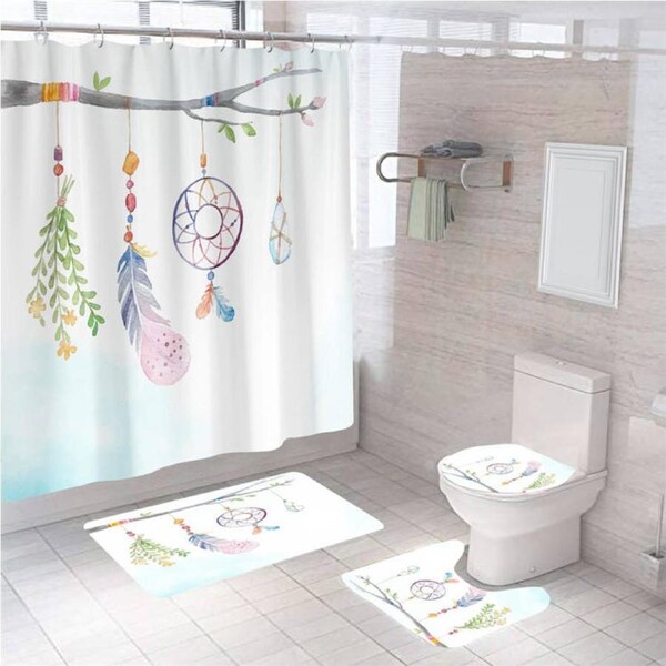 Nevenka 4 Pcs Shower Curtain Set Bath Mat U Shape and Toilet Lid Cover Mat with 12 Hooks 71" x 71"-A4