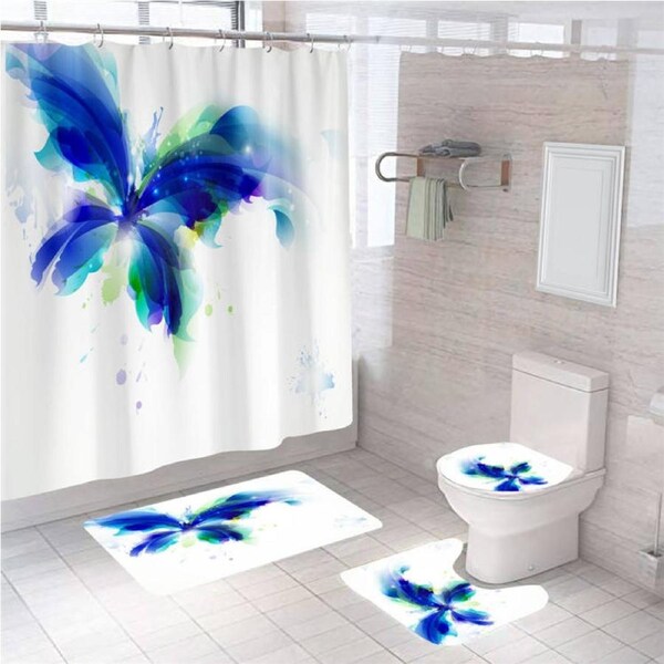 Nevenka 4 Pcs Shower Curtain Set Bath Mat U Shape and Toilet Lid Cover Mat with 12 Hooks 71" x 71"-A11