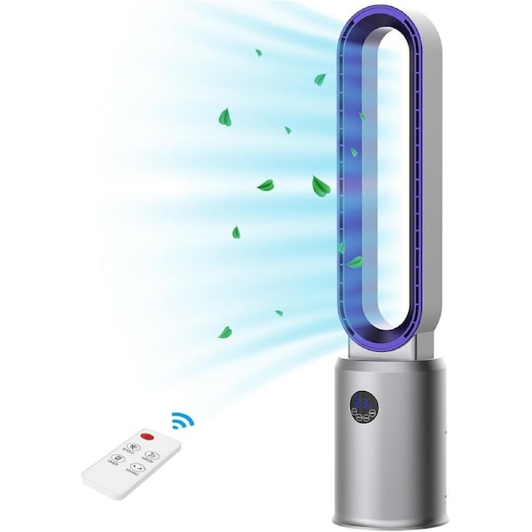 Advwin Bladeless Tower Fan Portable Electric Standing Floor Fan Air Circulator with Remote Control Speeds Adjustable Gray+Purple