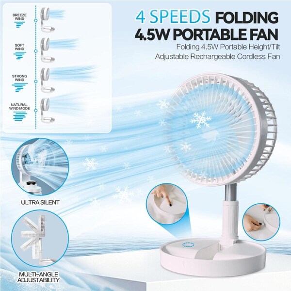 Folding Telescopic 4.5W Portable Height/Tilt Adjustable Rechargeable Cordless Fan