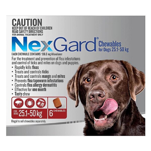 Nexgard Chewables For Dogs 25 - 50 Kg (Red) 6 Chews