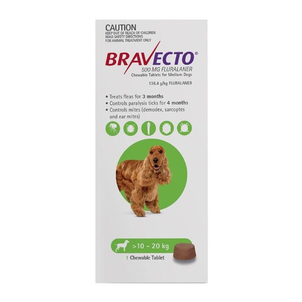 Bravecto For Medium Dogs 10-20Kg (Green) 1 Chew