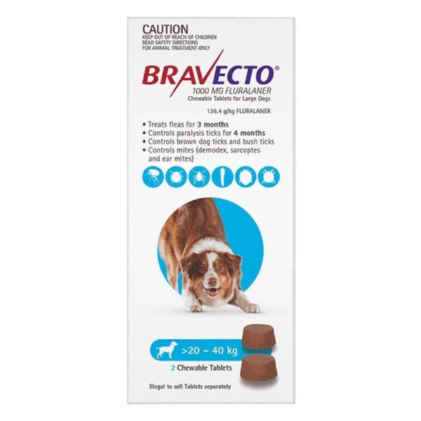 Bravecto For Large Dogs 20-40kg (Blue) 2 Chews