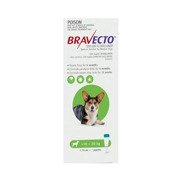Bravecto Spot On For Medium Dogs 10-20Kg (Green) 1 Pipette