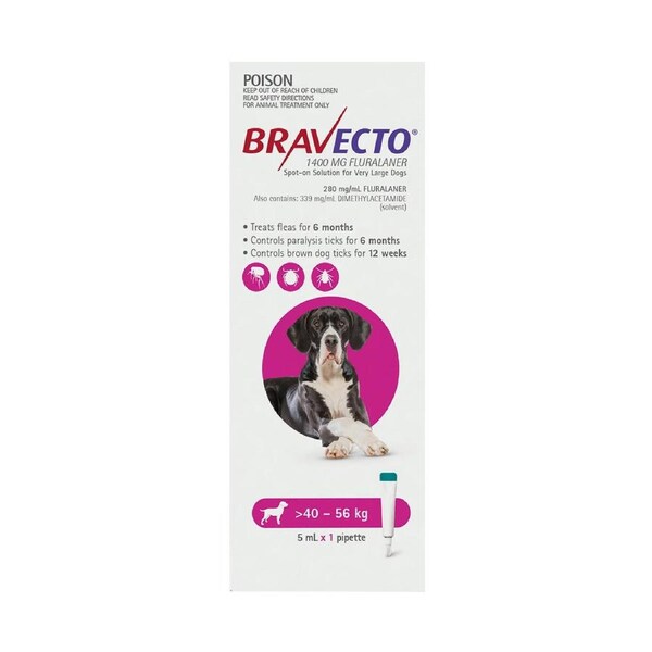 Bravecto Spot On For Extra Large Dogs 40-56Kg (Pink) 1 Pipette