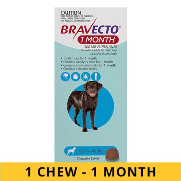 Bravecto For Dogs 20 to 40 Kg (BLUE) MONTHLY 1 Chew