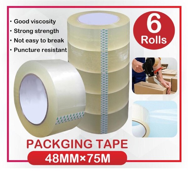 OZNALA 6x Roll Clear Packing Tape Packaging Sticky Box Carton Sealing Tape 48mm x 75M