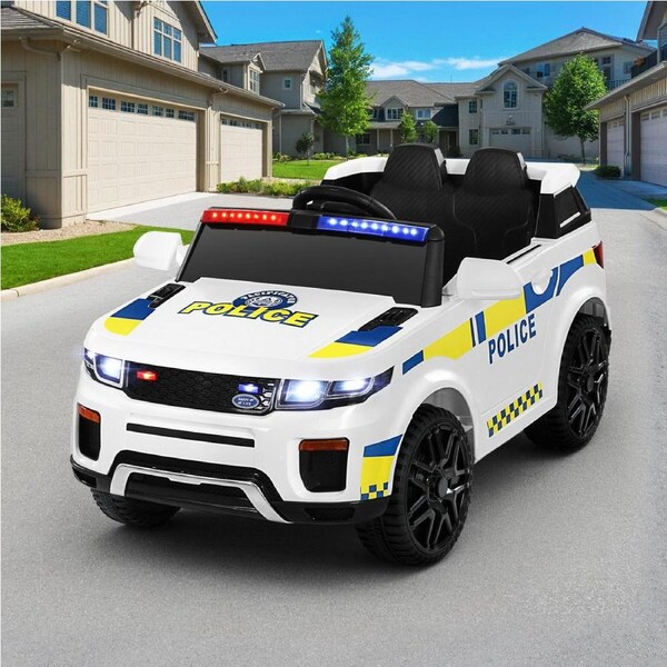 Rigo Kids Electric Ride On Patrol Police Car Horn Music Remote White
