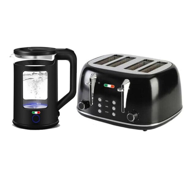 Vintage Electric 1.7L Glass Kettle and Toaster 4 Slice Combo Stainless Steel Black
