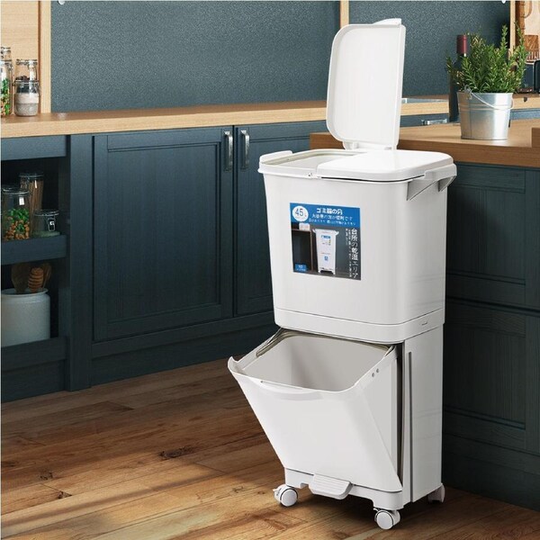 Furb 45L Kitchen Bin Waste Sorting Trash Can 3 Lid Rubbish Bins Garbage Recycling Wheel Dustbin