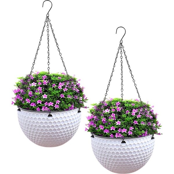 SOGA 2X White Small Hanging Resin Flower Pot Self Watering Basket Planter Outdoor Garden Decor